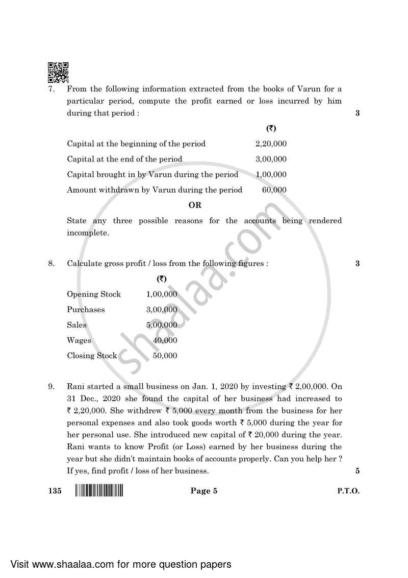 Elements of Book-keeping and Accountancy 2021-2022 Class 10 - CBSE (Central Board of Secondary Education) question paper with PDF download