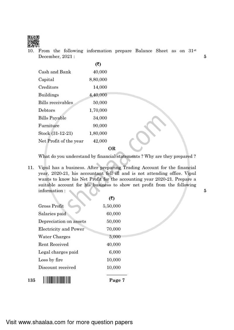 Elements of Book-keeping and Accountancy 2021-2022 Class 10 - CBSE (Central Board of Secondary Education) question paper with PDF download