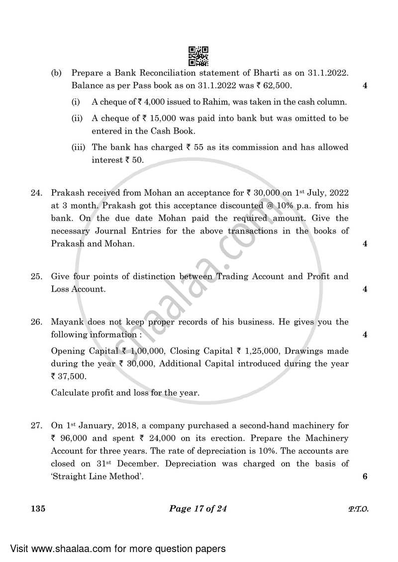 Elements of Book-keeping and Accountancy 2022-2023 Class 10 - CBSE (Central Board of Secondary Education) question paper with PDF download