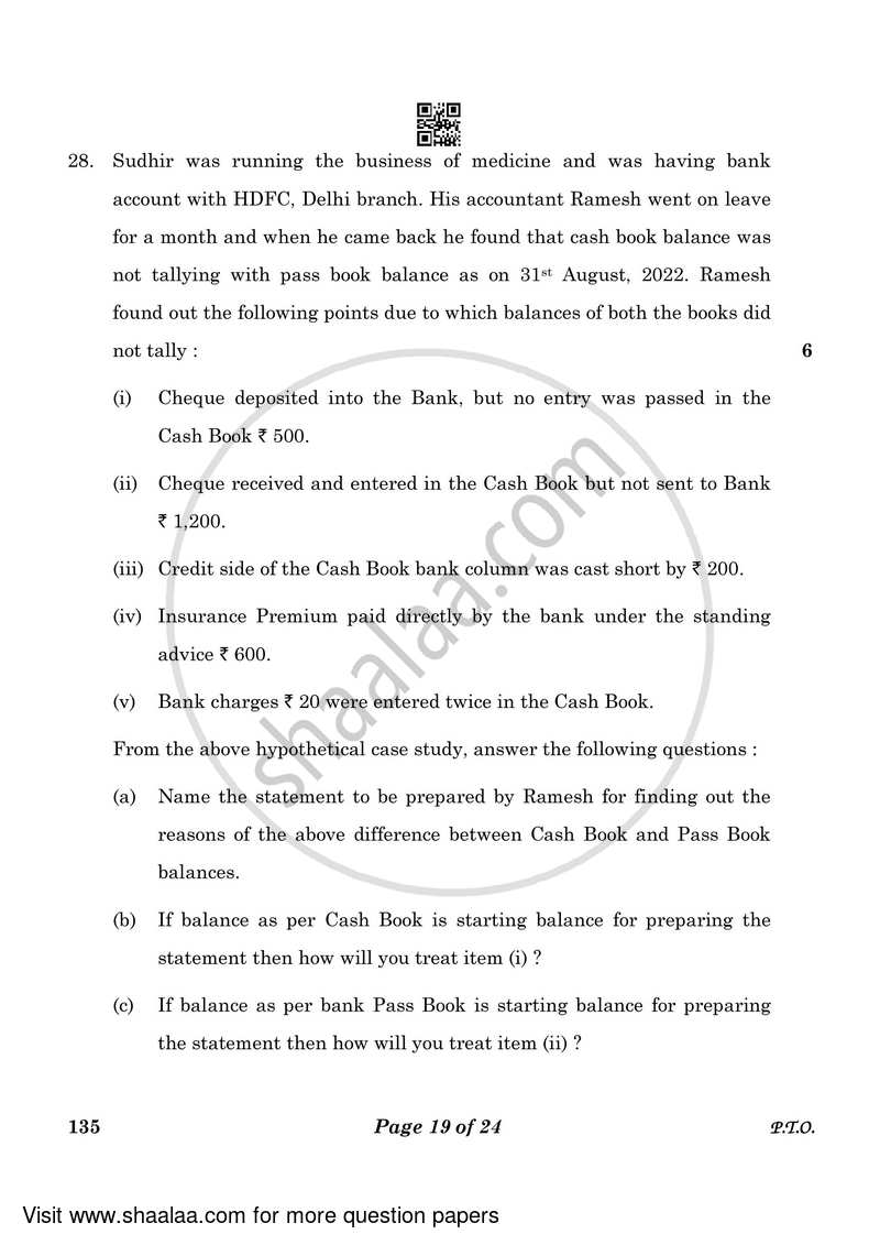 Elements of Book-keeping and Accountancy 2022-2023 Class 10 - CBSE (Central Board of Secondary Education) question paper with PDF download