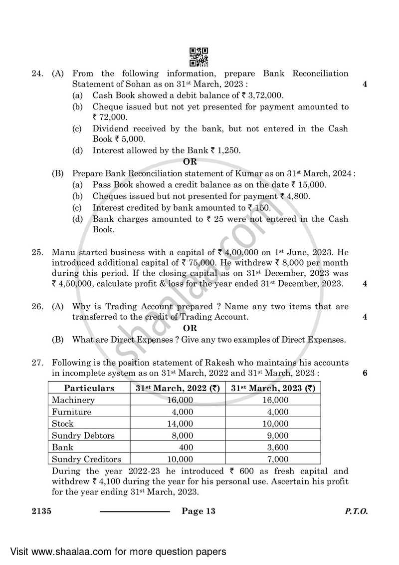 Elements of Book-keeping and Accountancy 2023-2024 Class 10 - CBSE (Central Board of Secondary Education) question paper with PDF download