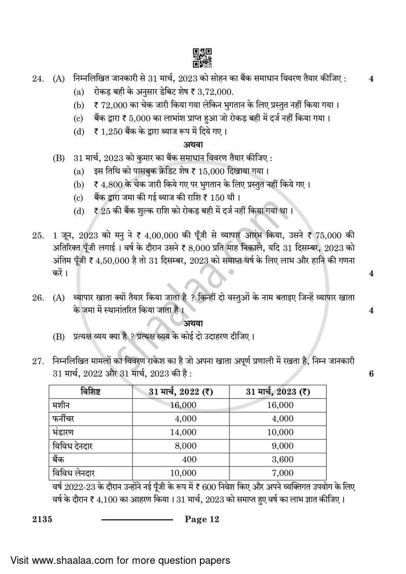 Elements of Book-keeping and Accountancy 2023-2024 Class 10 - CBSE (Central Board of Secondary Education) question paper with PDF download