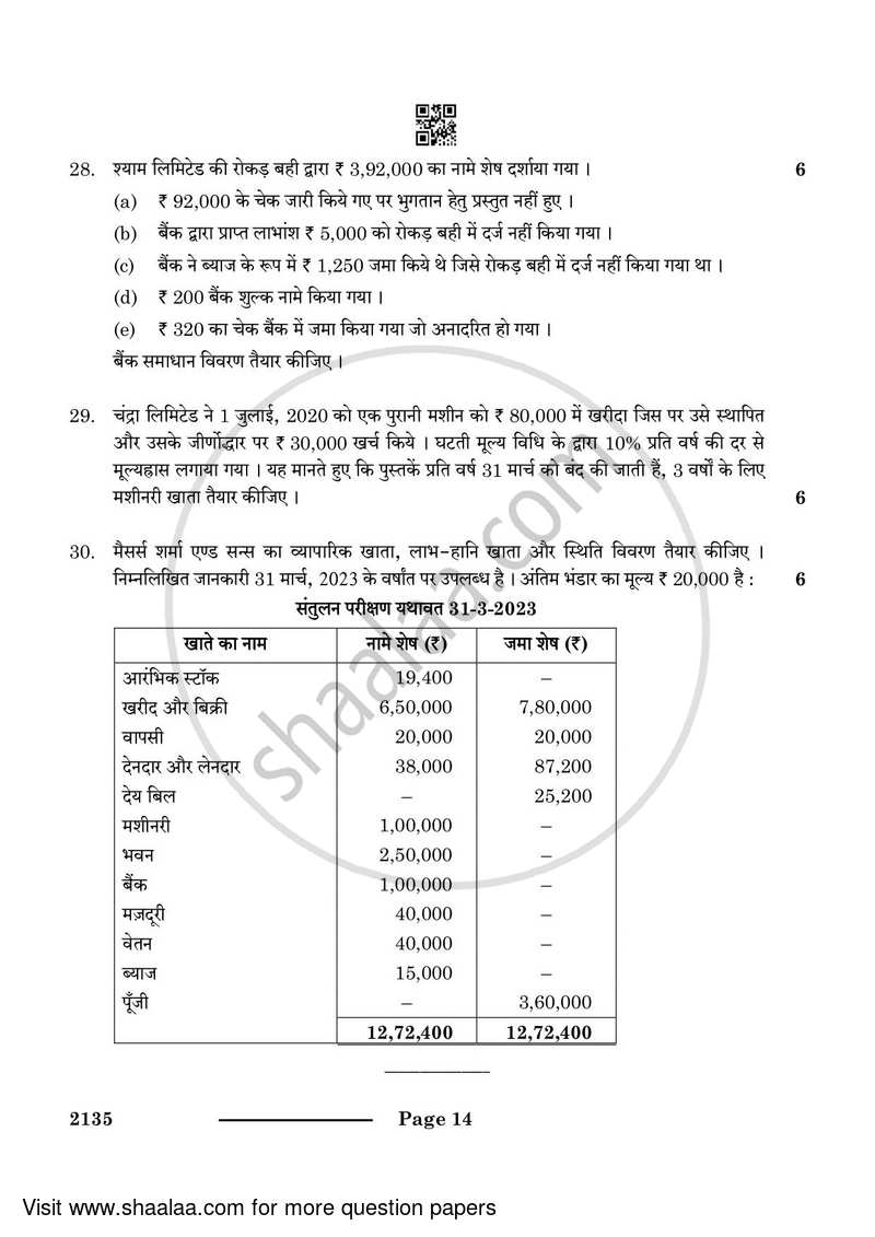 Elements of Book-keeping and Accountancy 2023-2024 Class 10 - CBSE (Central Board of Secondary Education) question paper with PDF download
