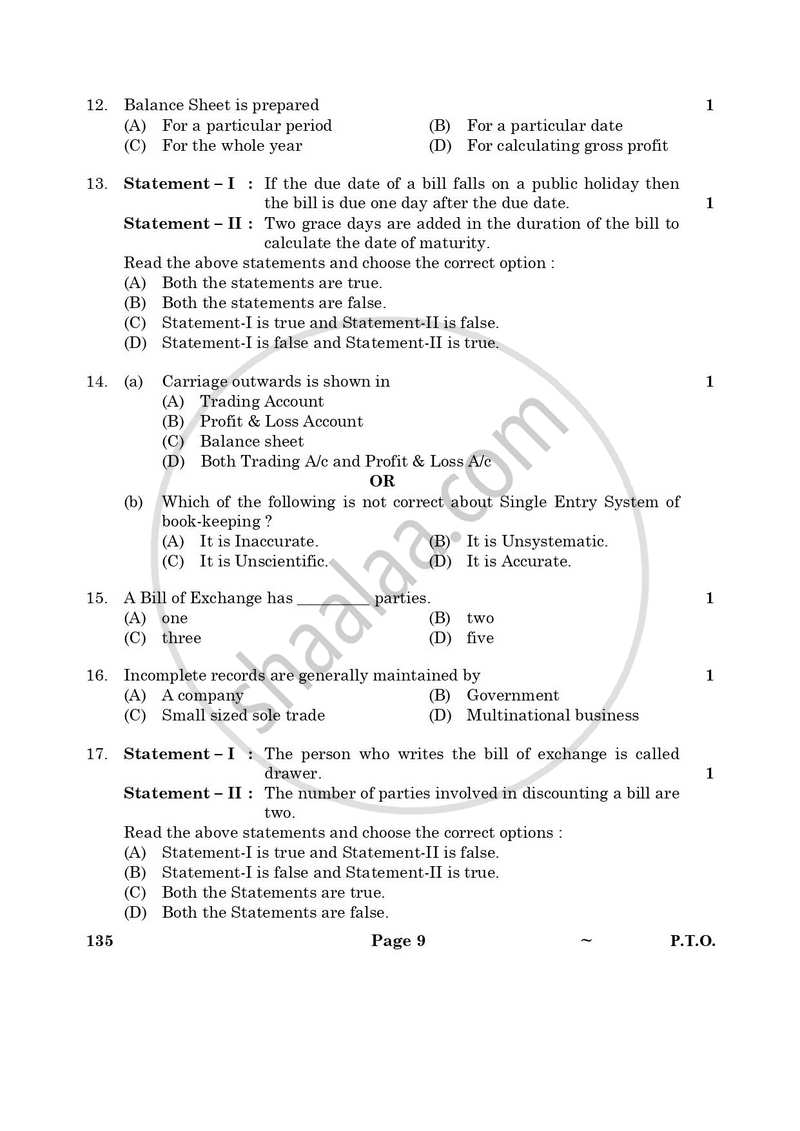 Elements of Book-keeping and Accountancy 2024-2025 Class 10 - CBSE (Central Board of Secondary Education) question paper with PDF download
