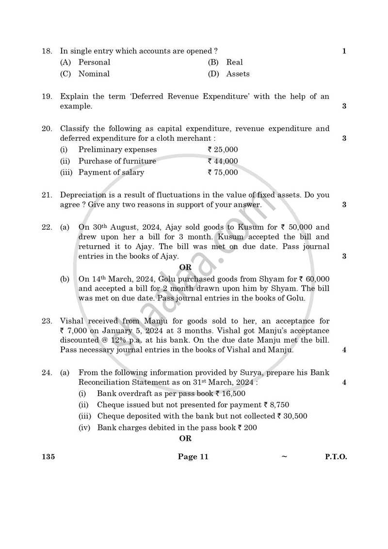 Elements of Book-keeping and Accountancy 2024-2025 Class 10 - CBSE (Central Board of Secondary Education) question paper with PDF download