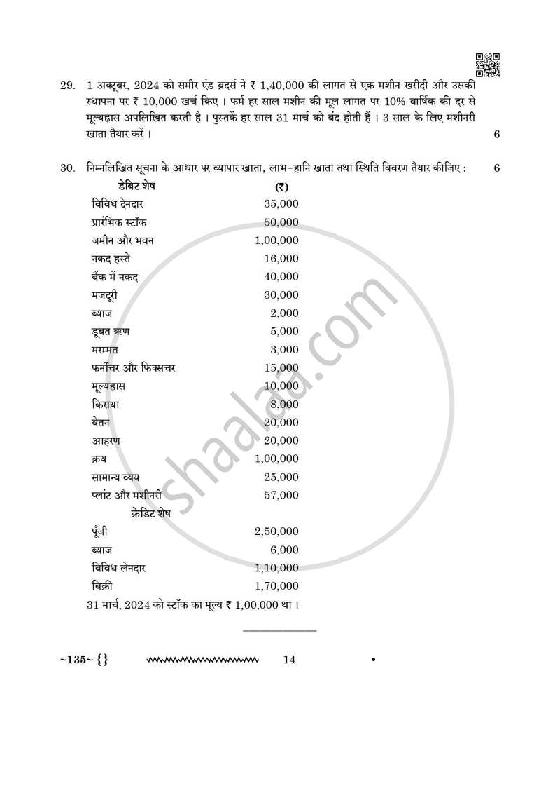 Elements of Book-keeping and Accountancy 2025-2026 Class 10 - CBSE (Central Board of Secondary Education) question paper with PDF download