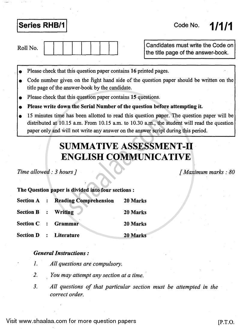 English Communicative 2010-2011 Class 10 - CBSE (Central Board of Secondary Education) question paper with PDF download