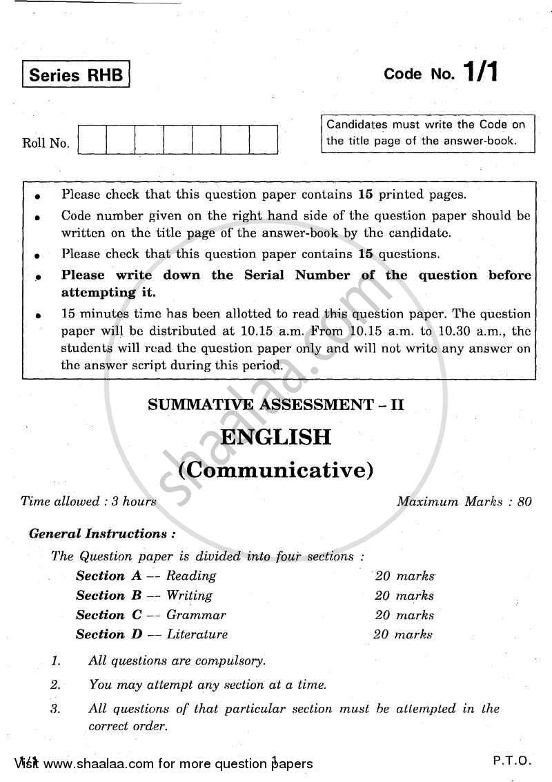 English Communicative 2010-2011 Class 10 - CBSE (Central Board of Secondary Education) question paper with PDF download
