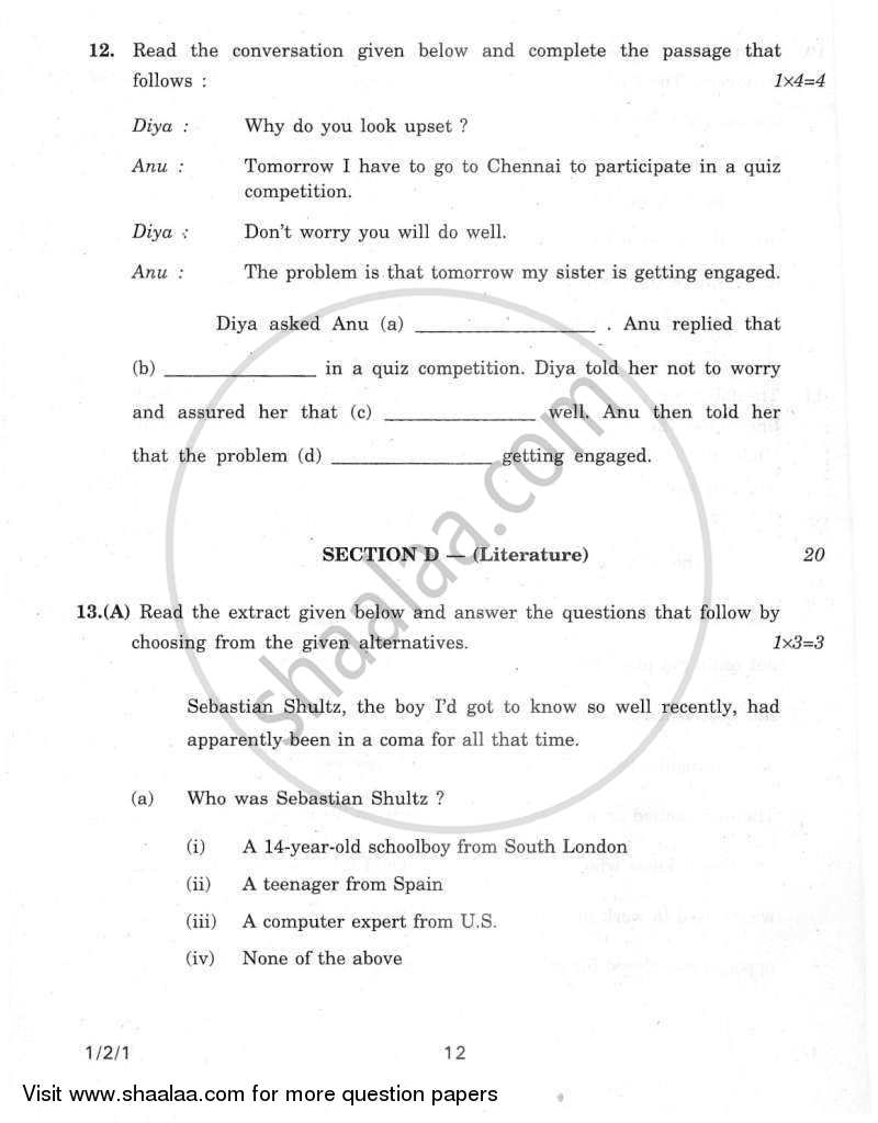 English Communicative 2011-2012 Class 10 - CBSE (Central Board of Secondary Education) question paper with PDF download