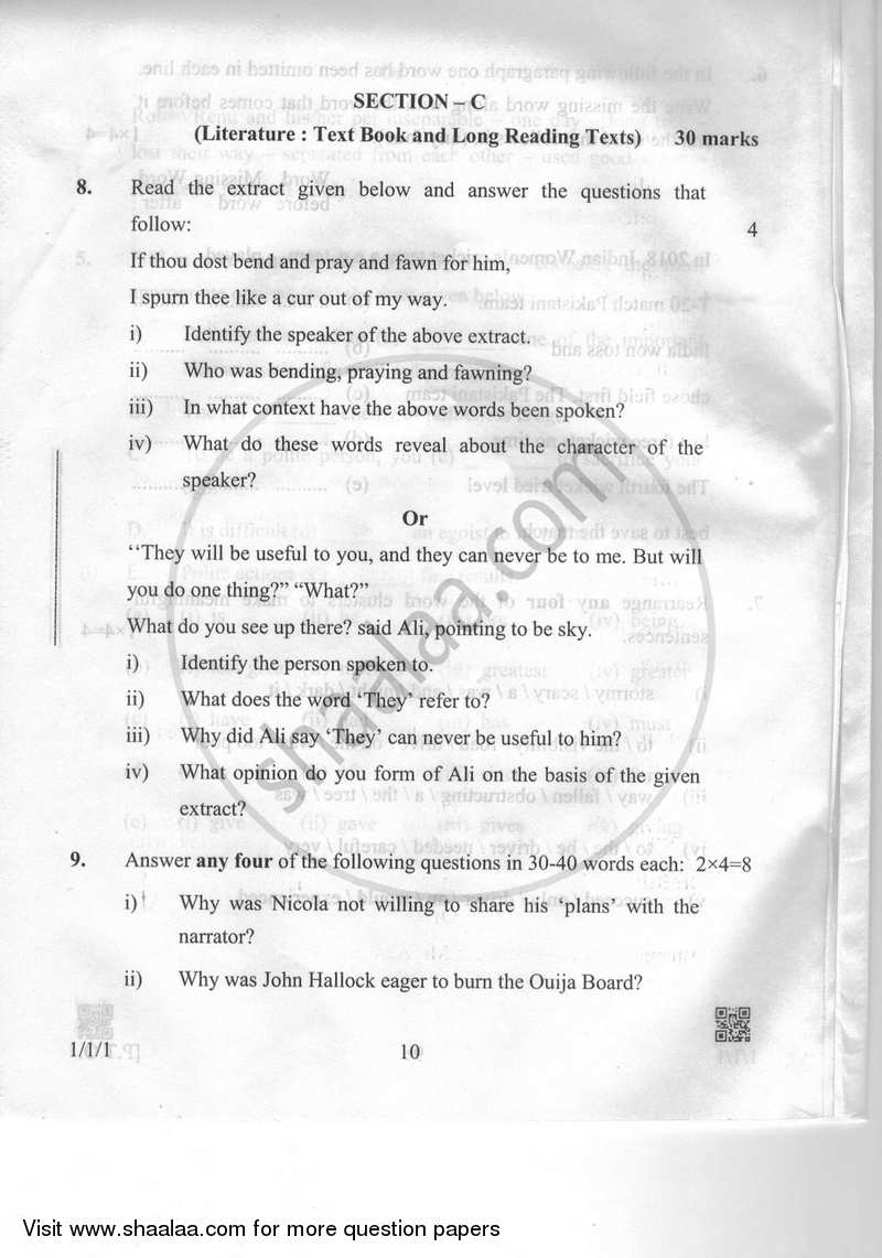 English Communicative 2018-2019 Class 10 - CBSE (Central Board of Secondary Education) question paper with PDF download