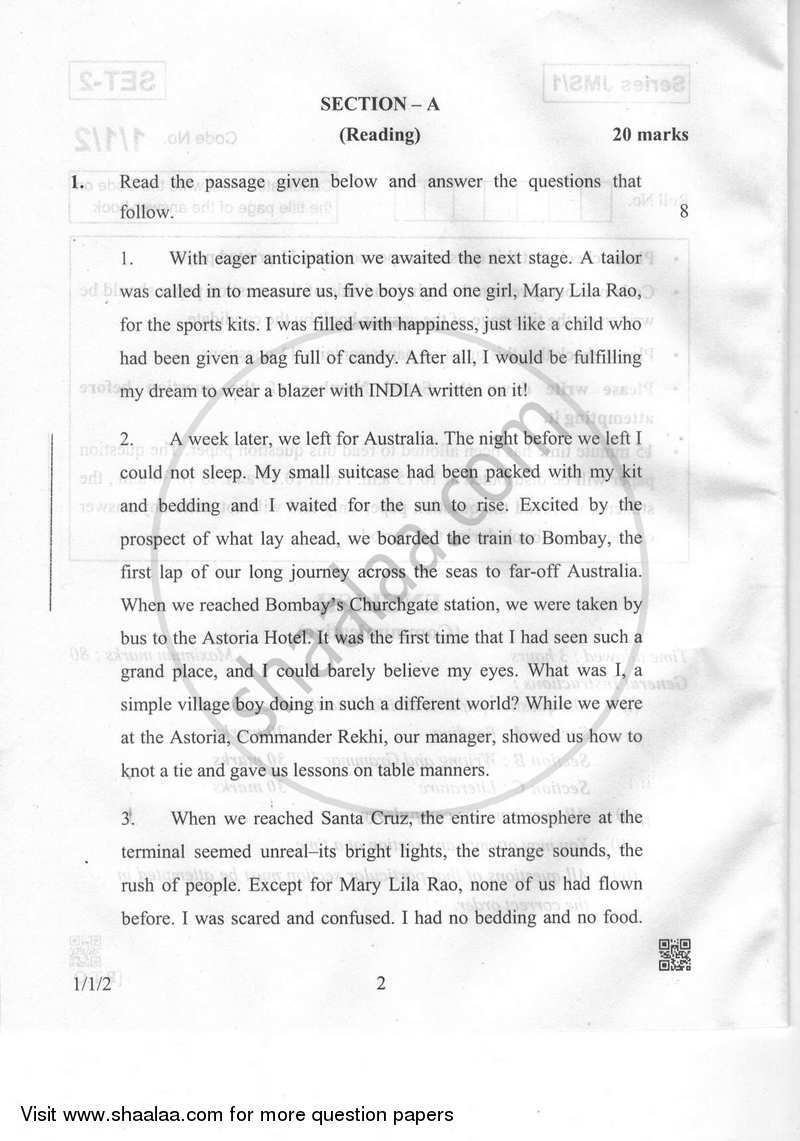 English Communicative 2018-2019 Class 10 - CBSE (Central Board of Secondary Education) question paper with PDF download