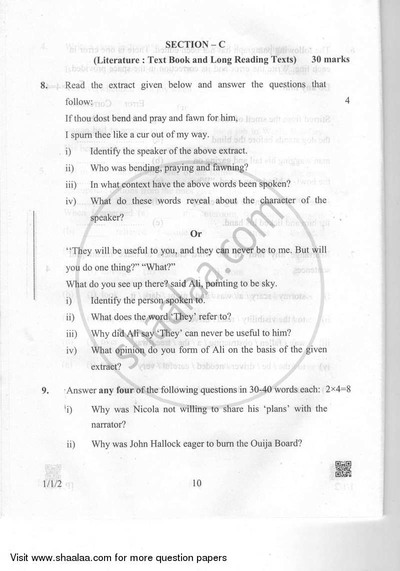 English Communicative 2018-2019 Class 10 - CBSE (Central Board of Secondary Education) question paper with PDF download