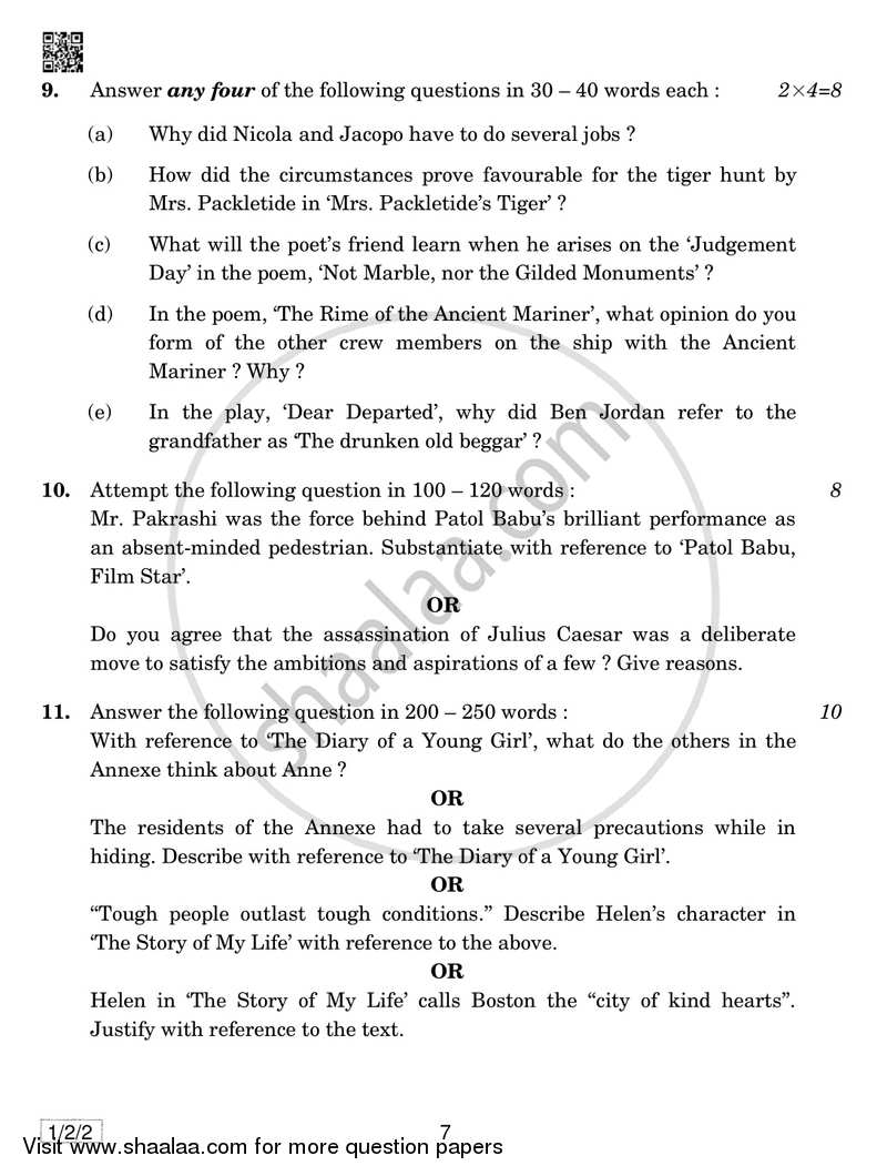 English Communicative 2018-2019 Class 10 - CBSE (Central Board of Secondary Education) question paper with PDF download