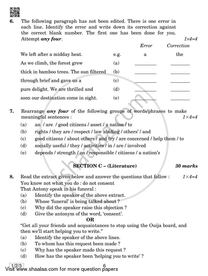 English Communicative 2018-2019 Class 10 - CBSE (Central Board of Secondary Education) question paper with PDF download