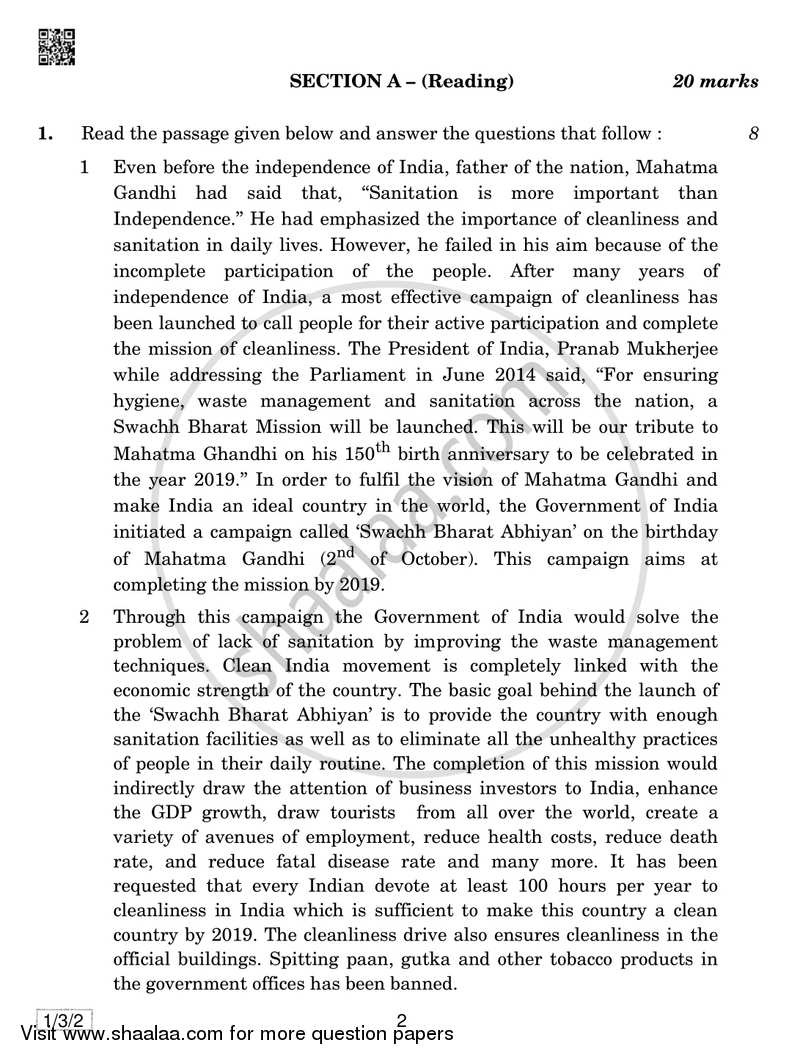 English Communicative 2018-2019 Class 10 - CBSE (Central Board of Secondary Education) question paper with PDF download