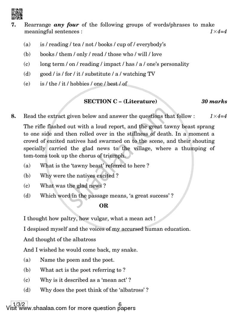 English Communicative 2018-2019 Class 10 - CBSE (Central Board of Secondary Education) question paper with PDF download