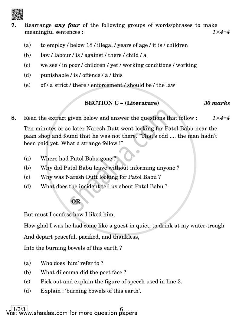 English Communicative 2018-2019 Class 10 - CBSE (Central Board of Secondary Education) question paper with PDF download