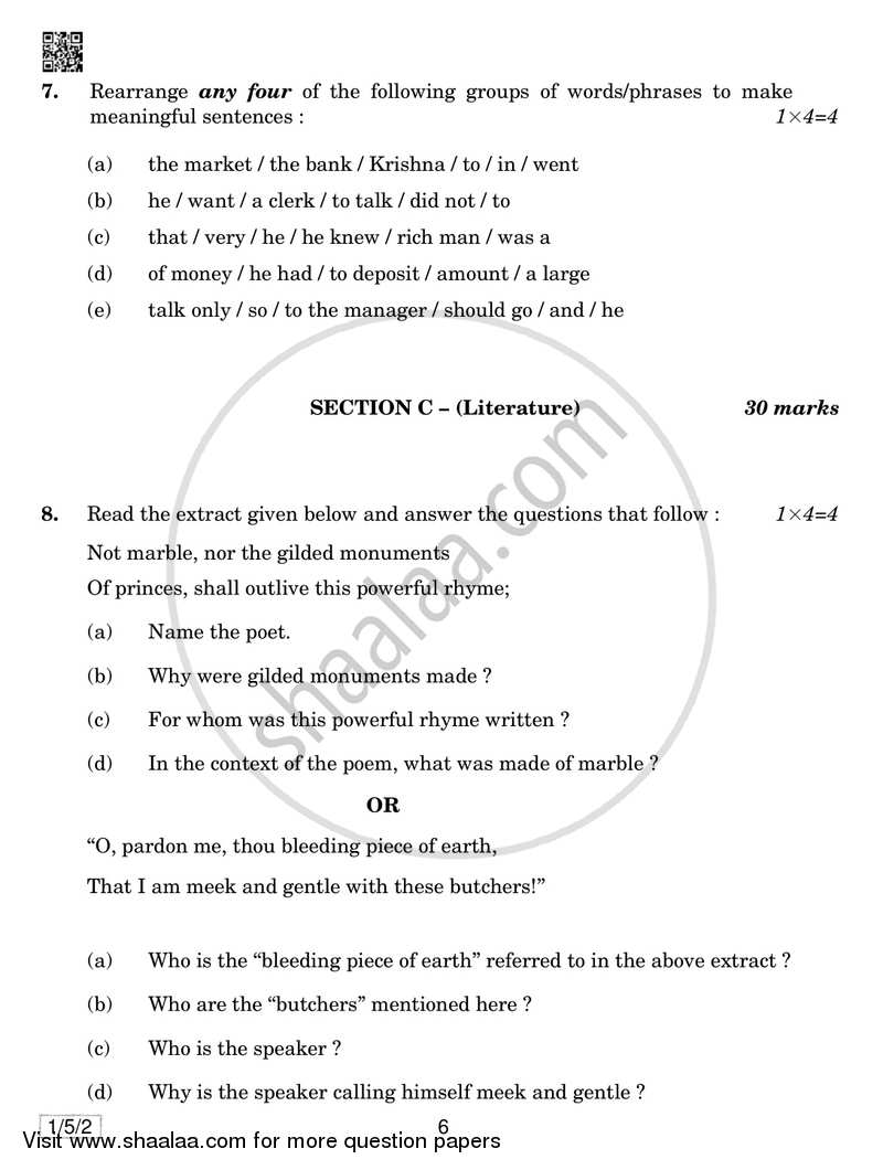 English Communicative 2018-2019 Class 10 - CBSE (Central Board of Secondary Education) question paper with PDF download