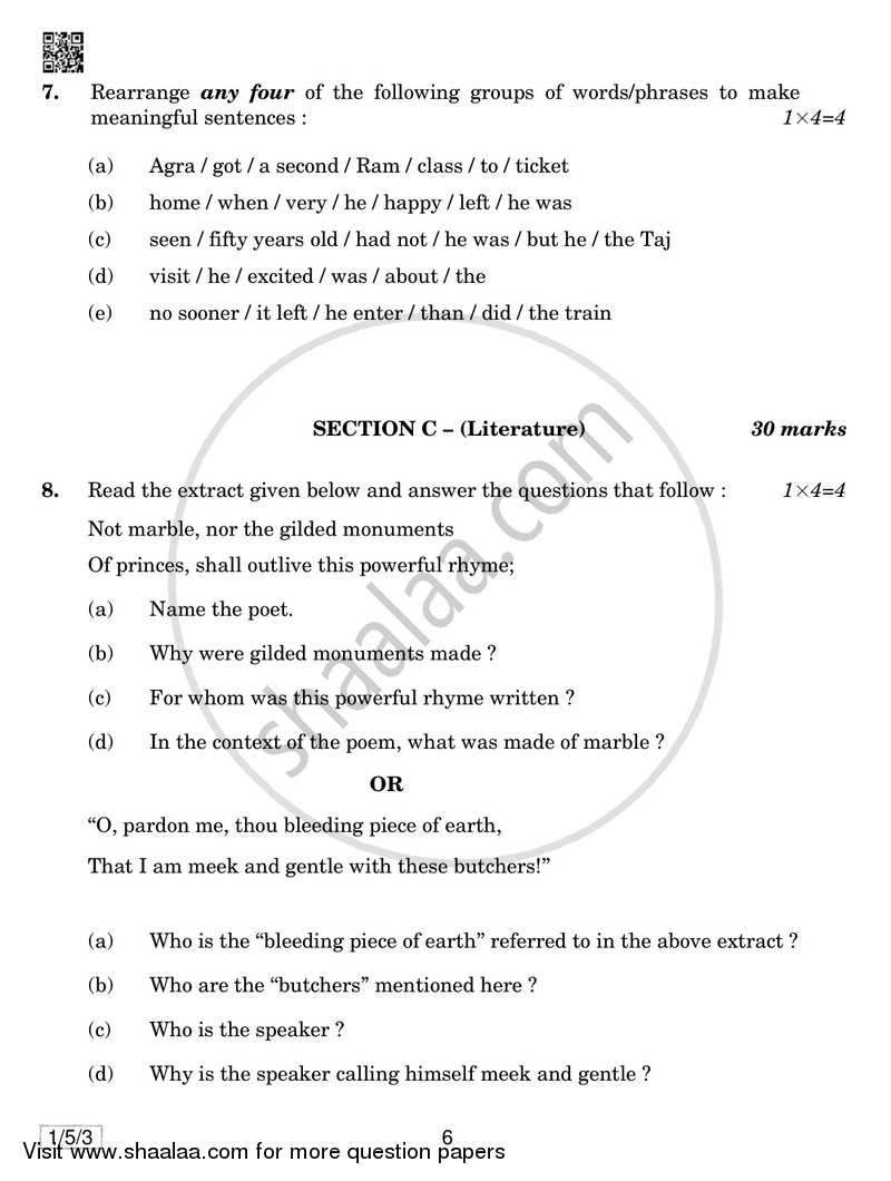 English Communicative 2018-2019 Class 10 - CBSE (Central Board of Secondary Education) question paper with PDF download