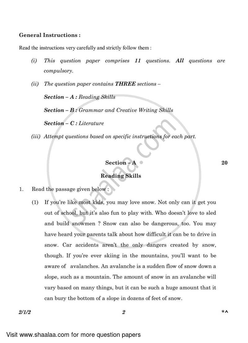 English - Language and Literature 2022-2023 Class 10 - CBSE (Central Board of Secondary Education) question paper with PDF download