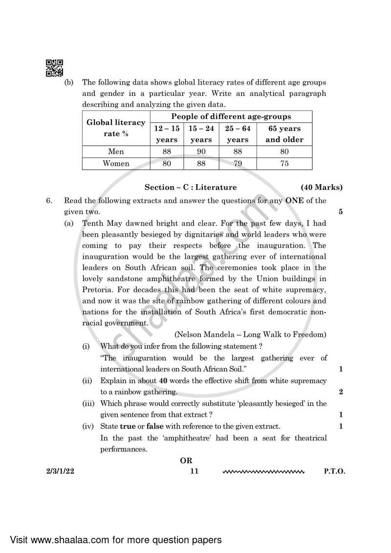 English - Language and Literature 2023-2024 Class 10 - CBSE (Central Board of Secondary Education) question paper with PDF download