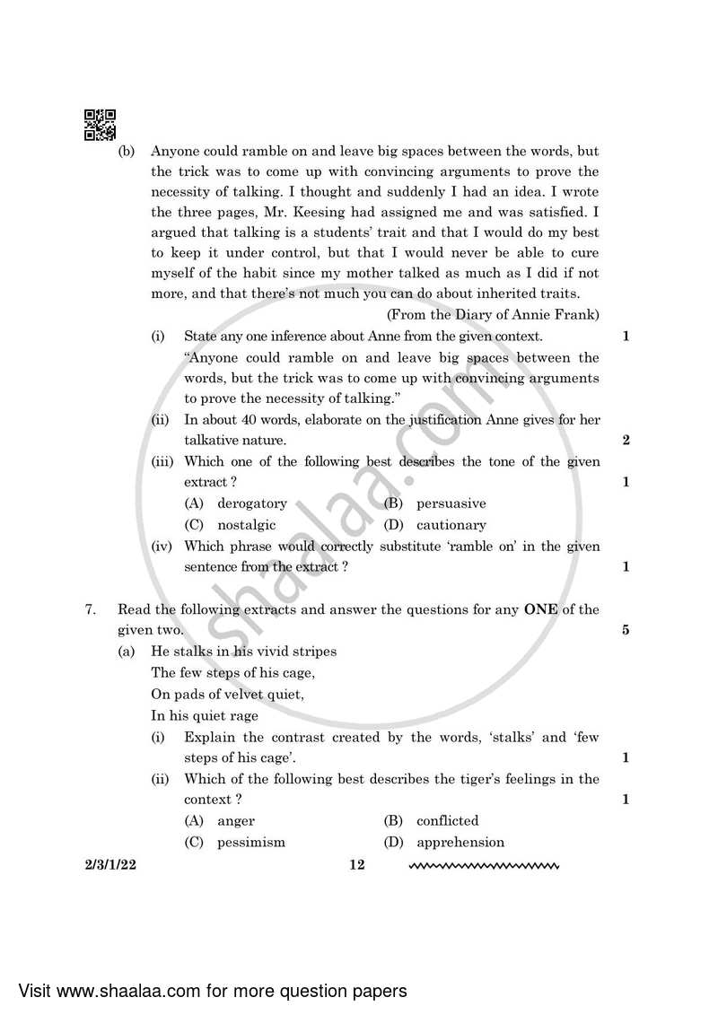 English - Language and Literature 2023-2024 Class 10 - CBSE (Central Board of Secondary Education) question paper with PDF download