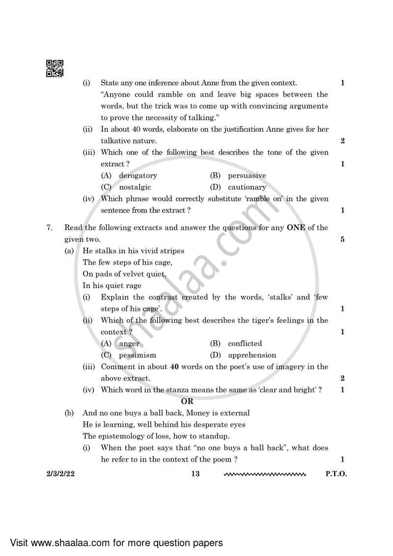 English - Language and Literature 2023-2024 Class 10 - CBSE (Central Board of Secondary Education) question paper with PDF download