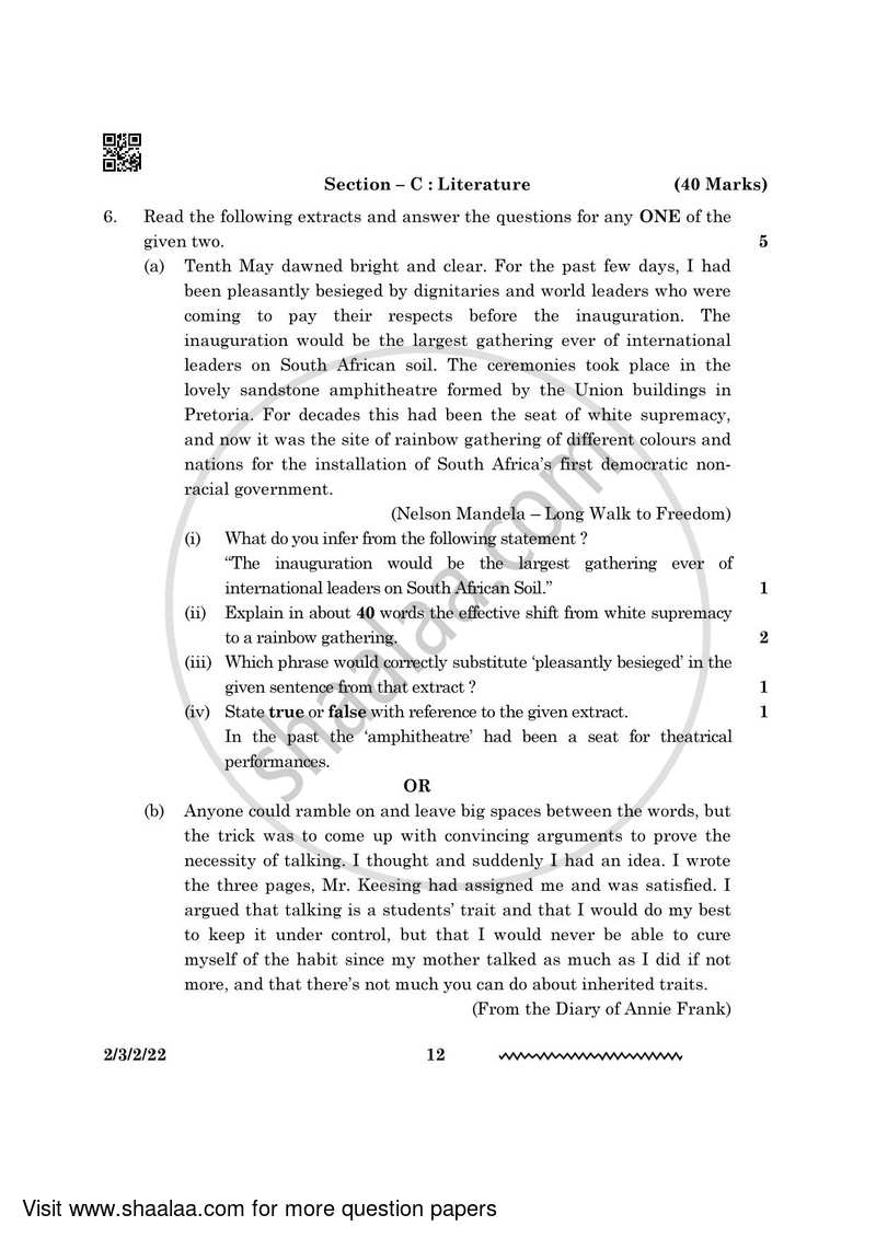 English - Language and Literature 2023-2024 Class 10 - CBSE (Central Board of Secondary Education) question paper with PDF download