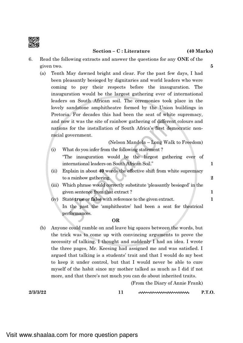 English - Language and Literature 2023-2024 Class 10 - CBSE (Central Board of Secondary Education) question paper with PDF download