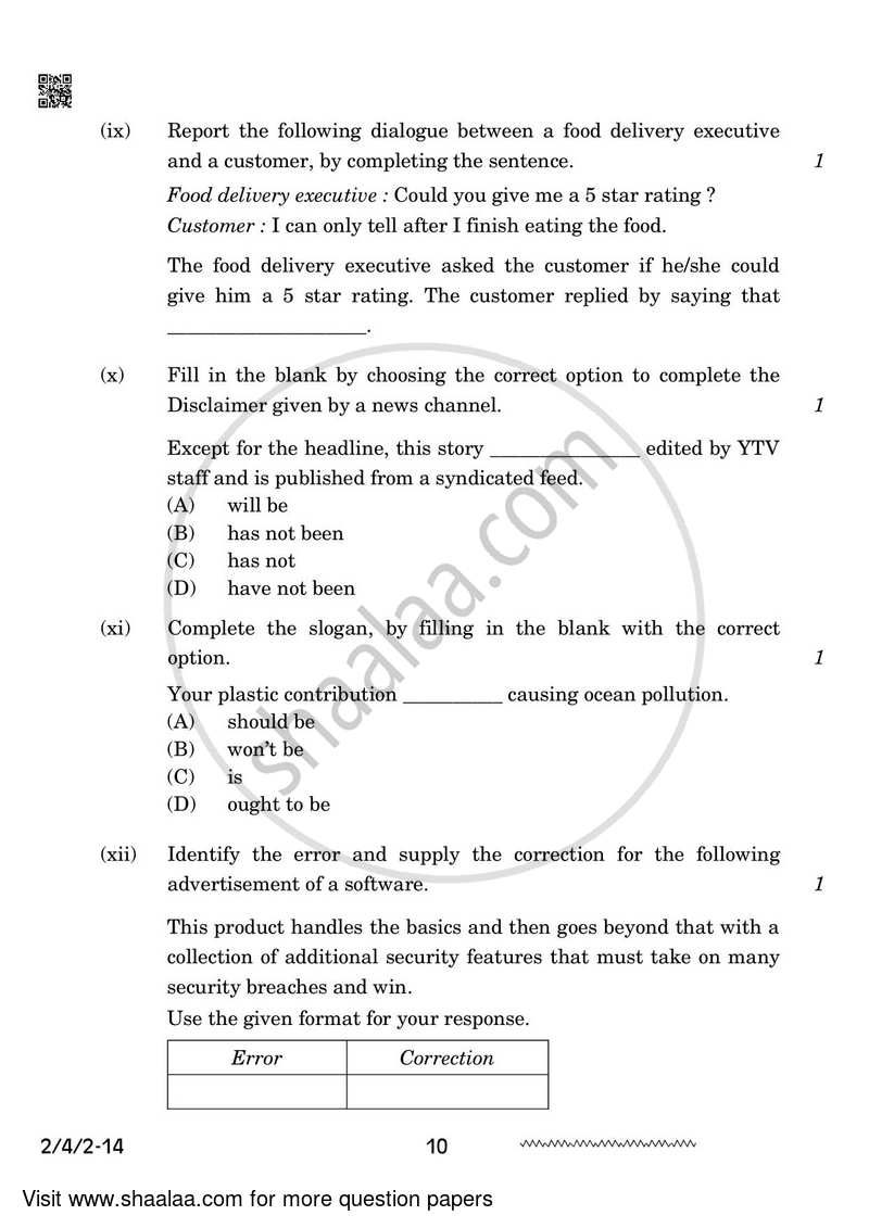 English - Language and Literature 2023-2024 Class 10 - CBSE (Central Board of Secondary Education) question paper with PDF download