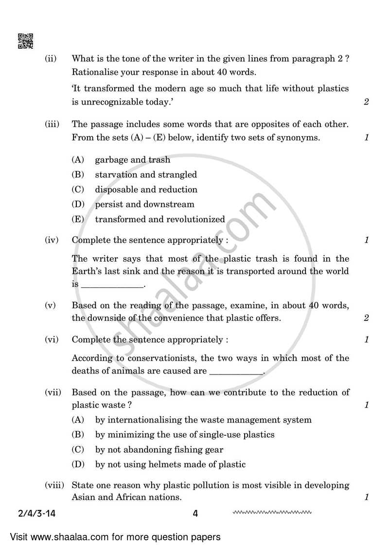 English - Language and Literature 2023-2024 Class 10 - CBSE (Central Board of Secondary Education) question paper with PDF download