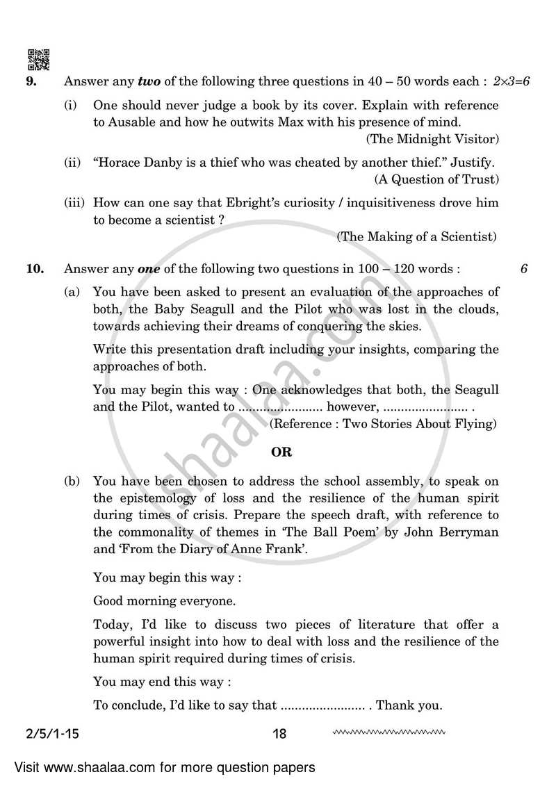 English - Language and Literature 2023-2024 Class 10 - CBSE (Central Board of Secondary Education) question paper with PDF download