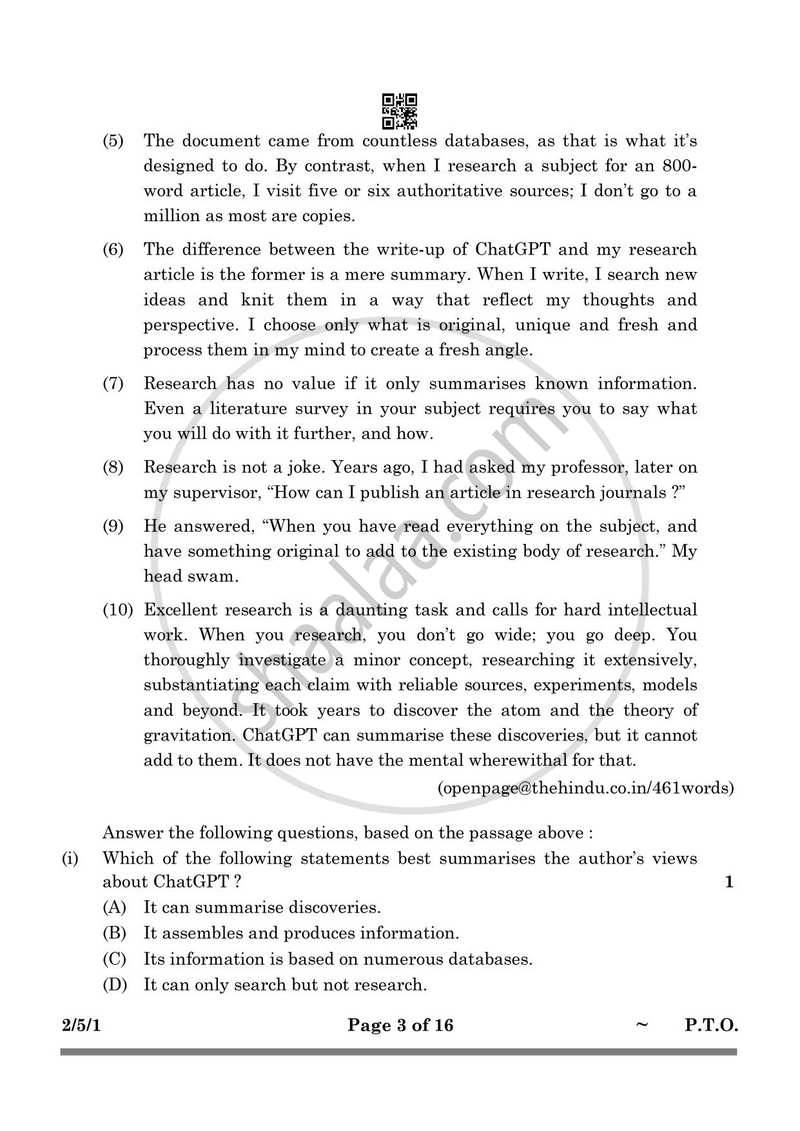 English - Language and Literature 2024-2025 Class 10 - CBSE (Central Board of Secondary Education) question paper with PDF download