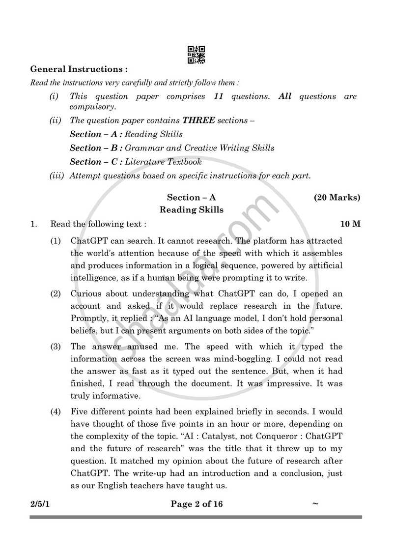 English - Language and Literature 2024-2025 Class 10 - CBSE (Central Board of Secondary Education) question paper with PDF download