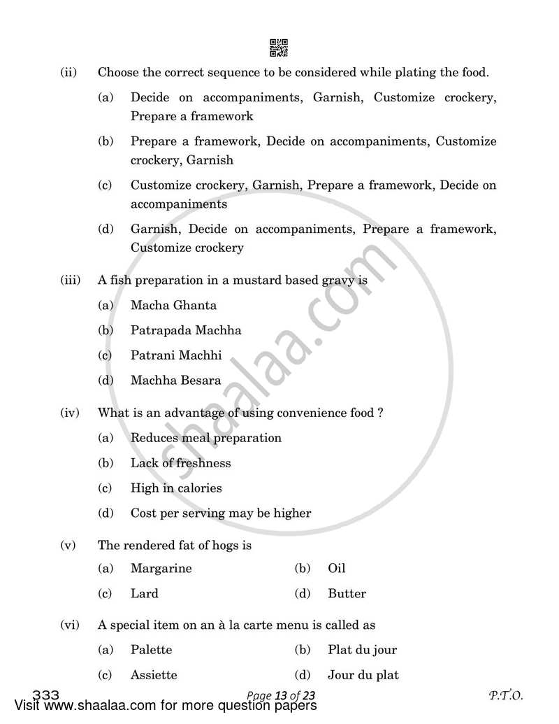Food Production 3 2022-2023 Class 12 - CBSE (Central Board of Secondary Education) question paper with PDF download
