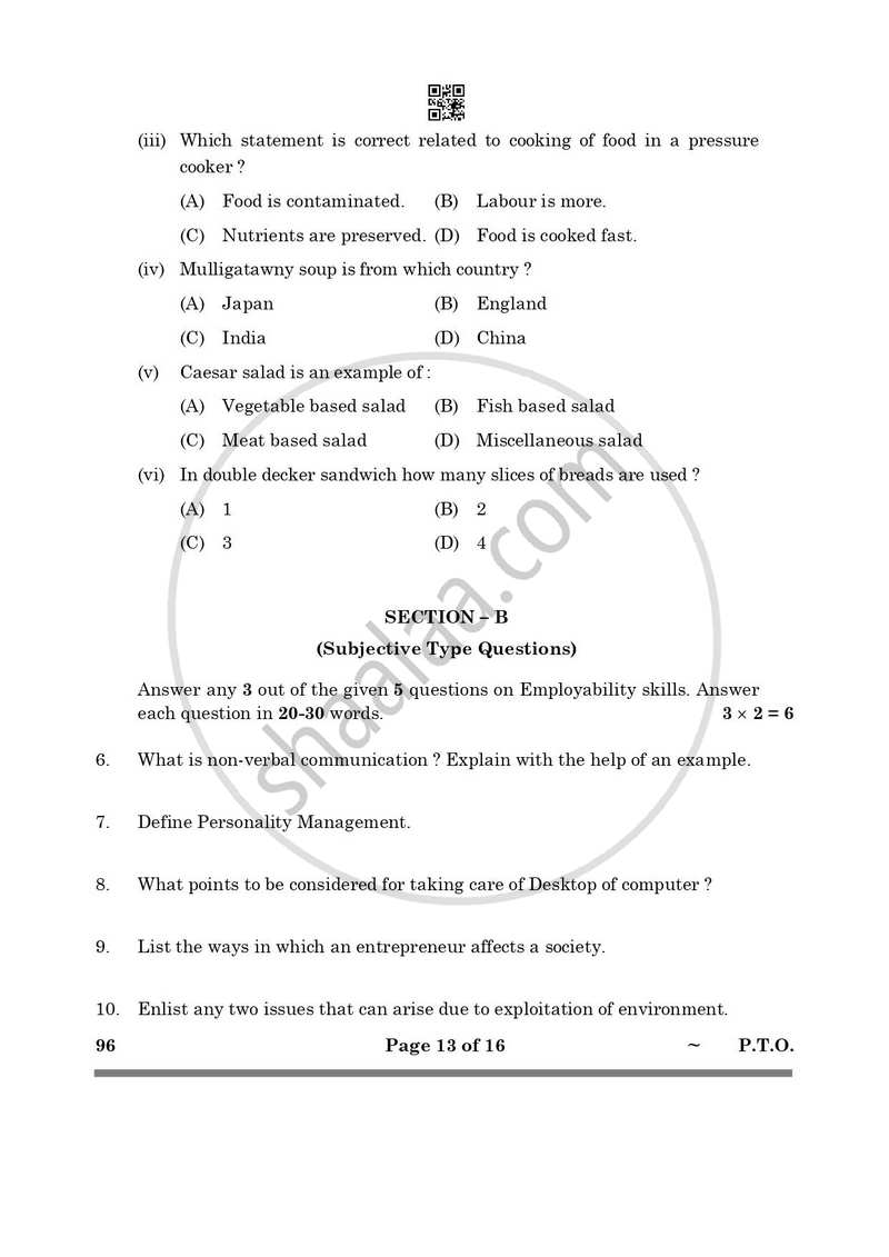 Food Production 2024-2025 Class 10 - CBSE (Central Board of Secondary Education) question paper with PDF download