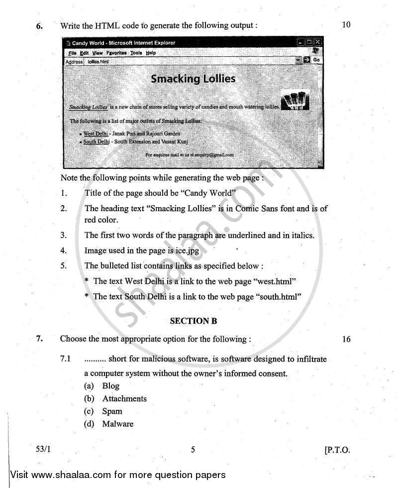 Foundation of Information Technology 2010-2011 Class 10 - CBSE (Central Board of Secondary Education) question paper with PDF download