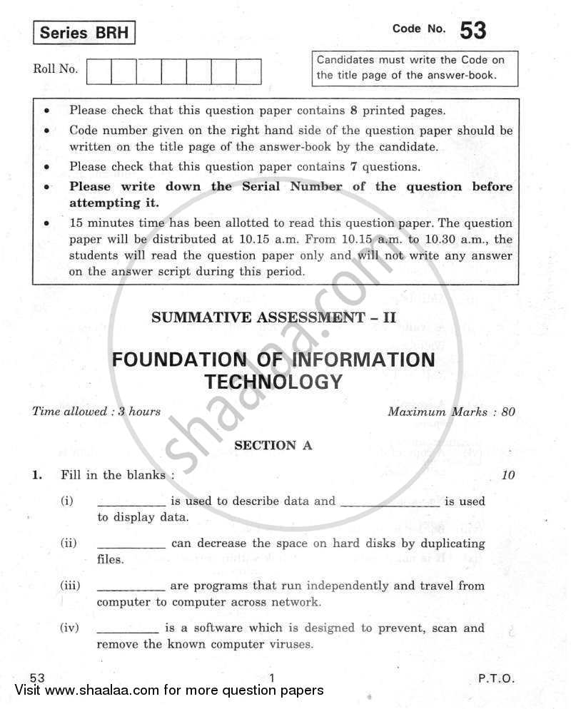 Foundation of Information Technology 2011-2012 Class 10 - CBSE (Central Board of Secondary Education) question paper with PDF download