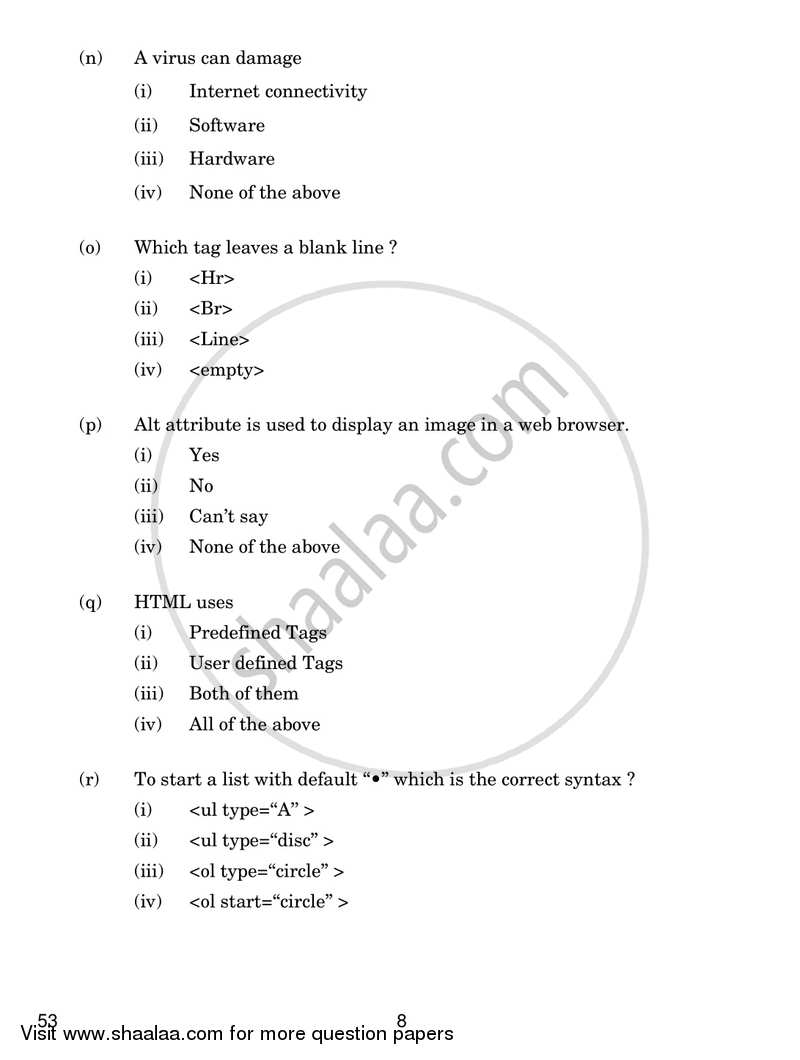 Foundation of Information Technology 2016-2017 Class 10 - CBSE (Central Board of Secondary Education) question paper with PDF download
