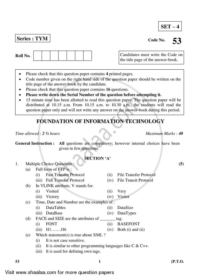 Foundation of Information Technology 2017-2018 Class 10 - CBSE (Central Board of Secondary Education) question paper with PDF download