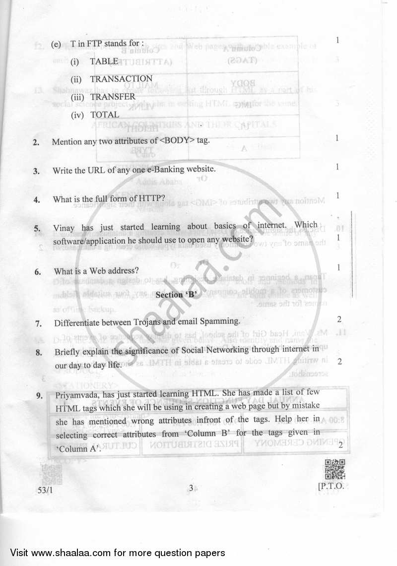 Foundation of Information Technology 2018-2019 Class 10 - CBSE (Central Board of Secondary Education) question paper with PDF download