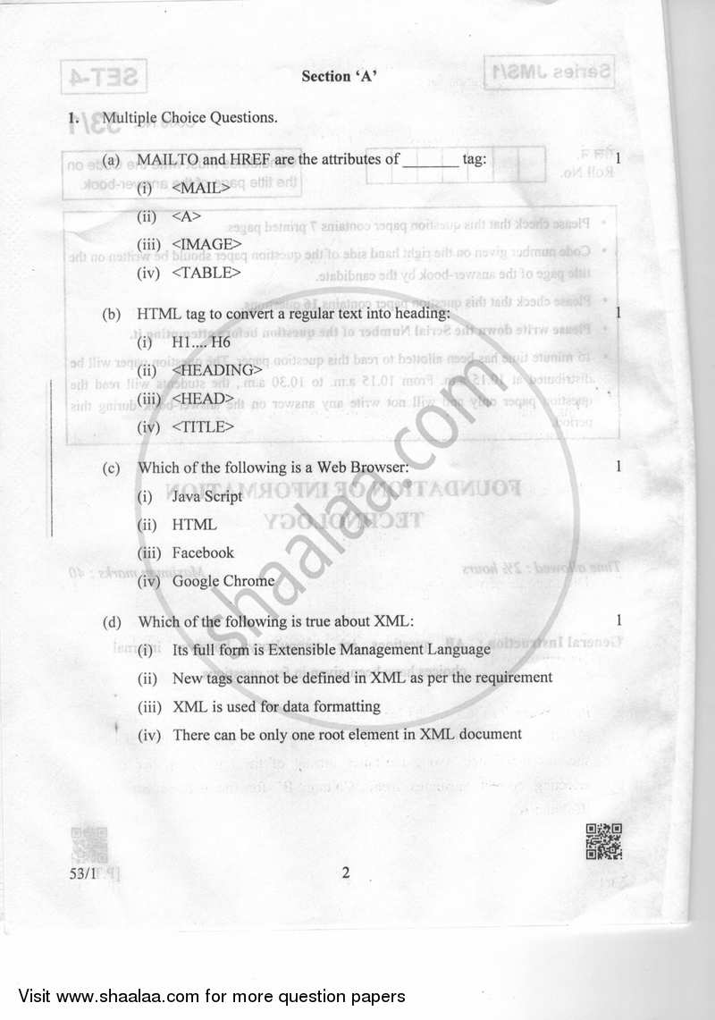 Foundation of Information Technology 2018-2019 Class 10 - CBSE (Central Board of Secondary Education) question paper with PDF download