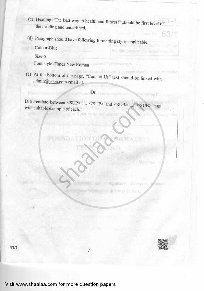 Foundation of Information Technology 2018-2019 Class 10 - CBSE (Central Board of Secondary Education) question paper with PDF download