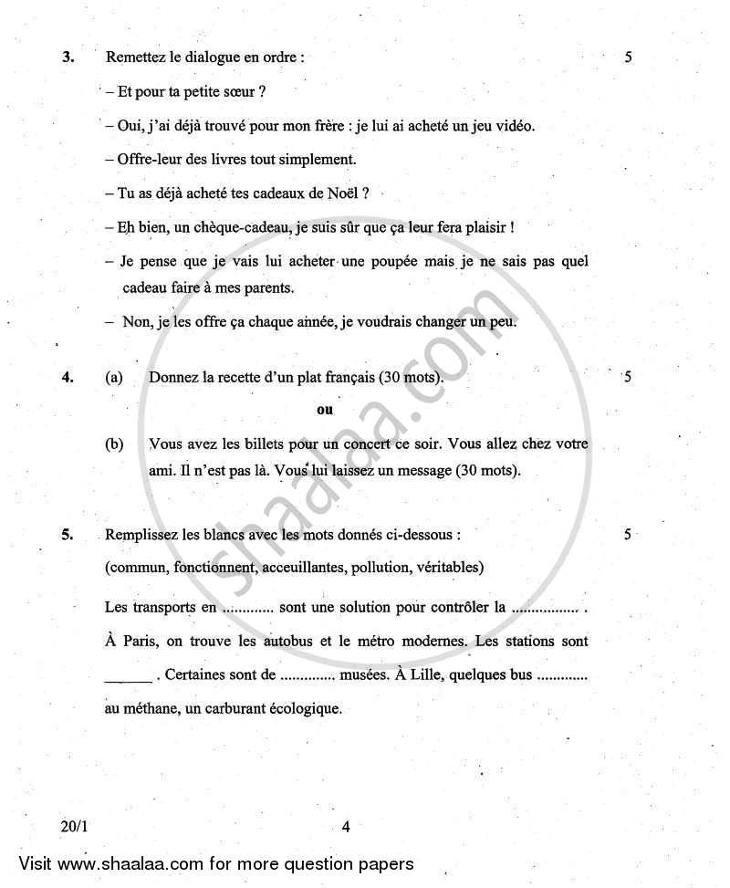 French 2010-2011 Class 10 - CBSE (Central Board of Secondary Education) question paper with PDF download