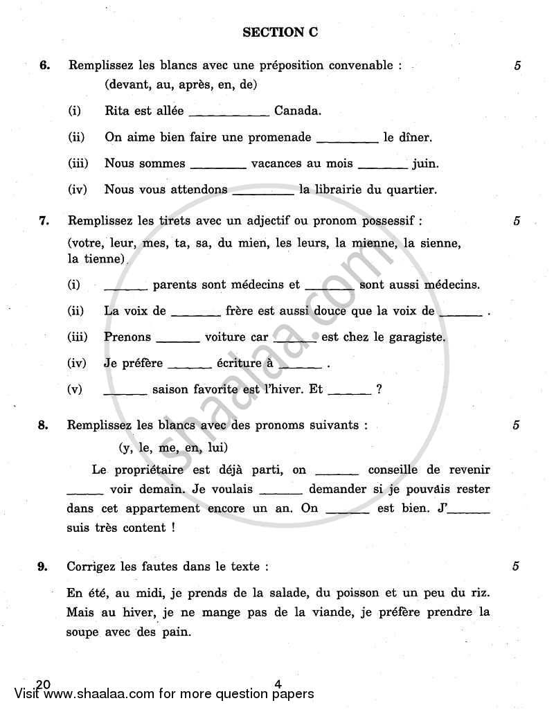 French 2010-2011 Class 10 - CBSE (Central Board of Secondary Education) question paper with PDF download