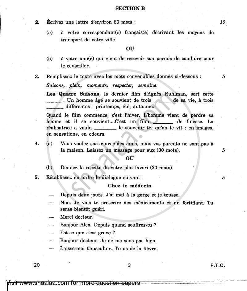 French 2010-2011 Class 10 - CBSE (Central Board of Secondary Education) question paper with PDF download