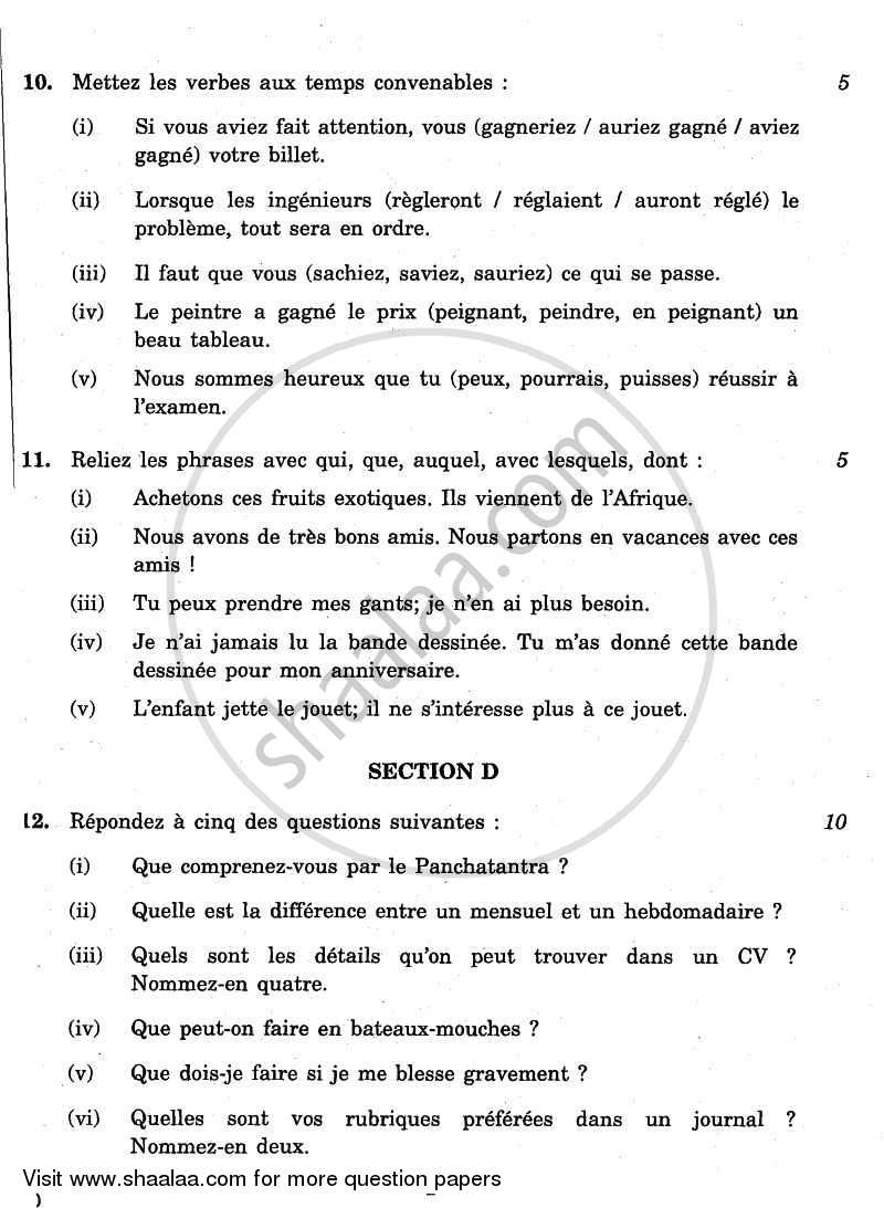 French 2010-2011 Class 10 - CBSE (Central Board of Secondary Education) question paper with PDF download