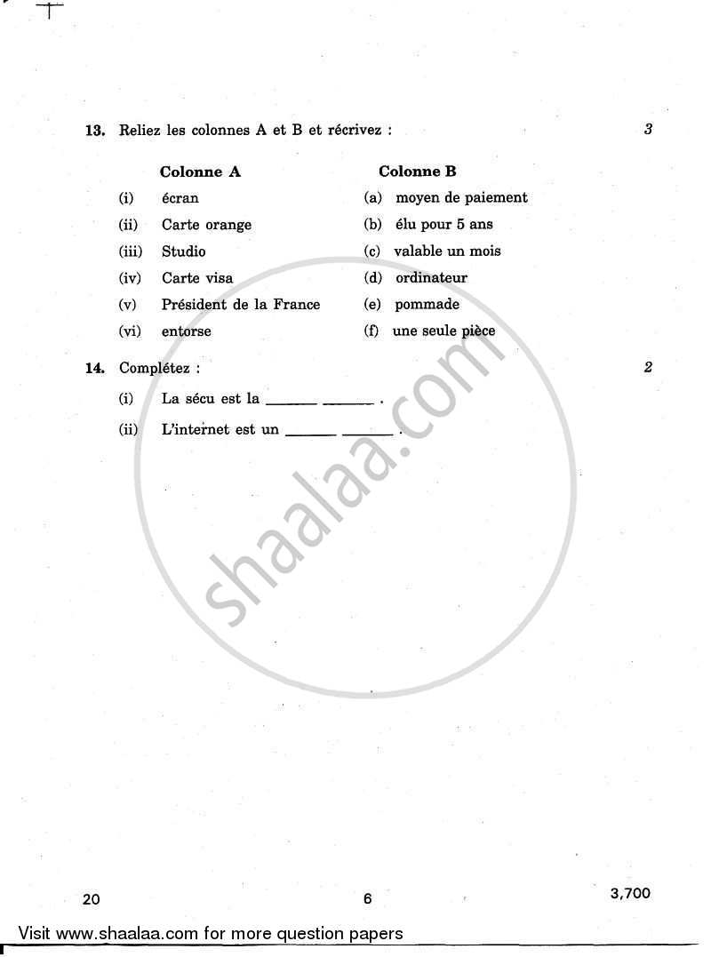 French 2010-2011 Class 10 - CBSE (Central Board of Secondary Education) question paper with PDF download