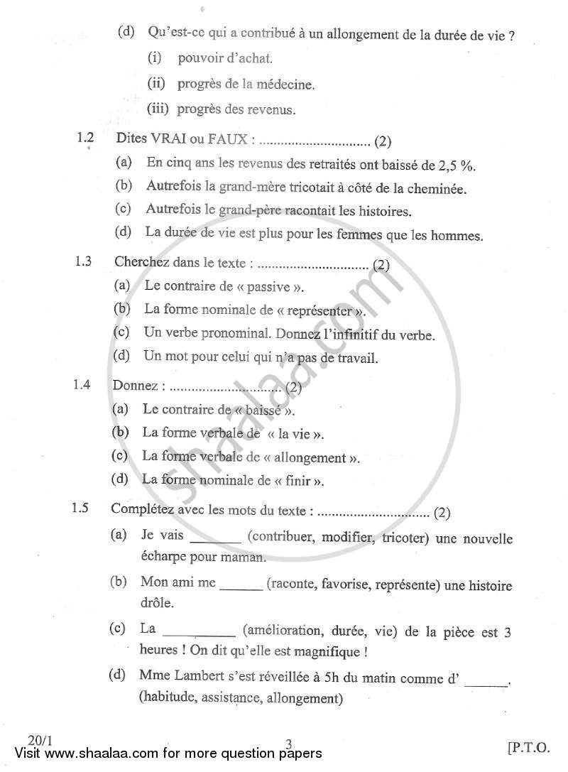 French 2011-2012 Class 10 - CBSE (Central Board of Secondary Education) question paper with PDF download