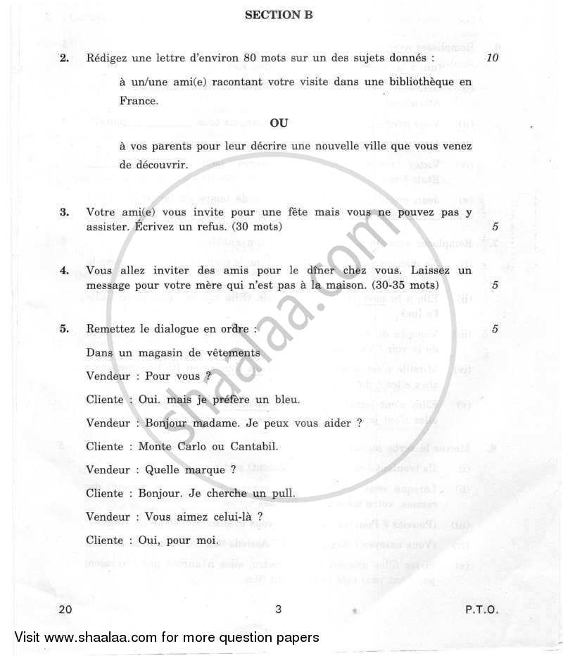 French 2011-2012 Class 10 - CBSE (Central Board of Secondary Education) question paper with PDF download